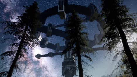 UFO-hovering-over-a-forest-at-night-with-light-beam